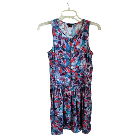 Theory Silk Watercolor Mini Dress Women's Size 0 Blue Sleeveless Side Pockets - Picture 12 of 16